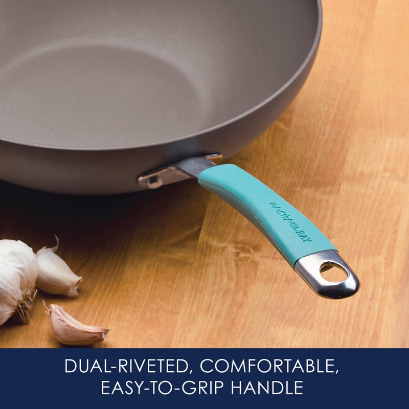 Rachael Ray Cucina Hard-Anodized Nonstick Covered Stir Fry Pan, 11-Inch, Gray, Agave Blue Handles - Image 5